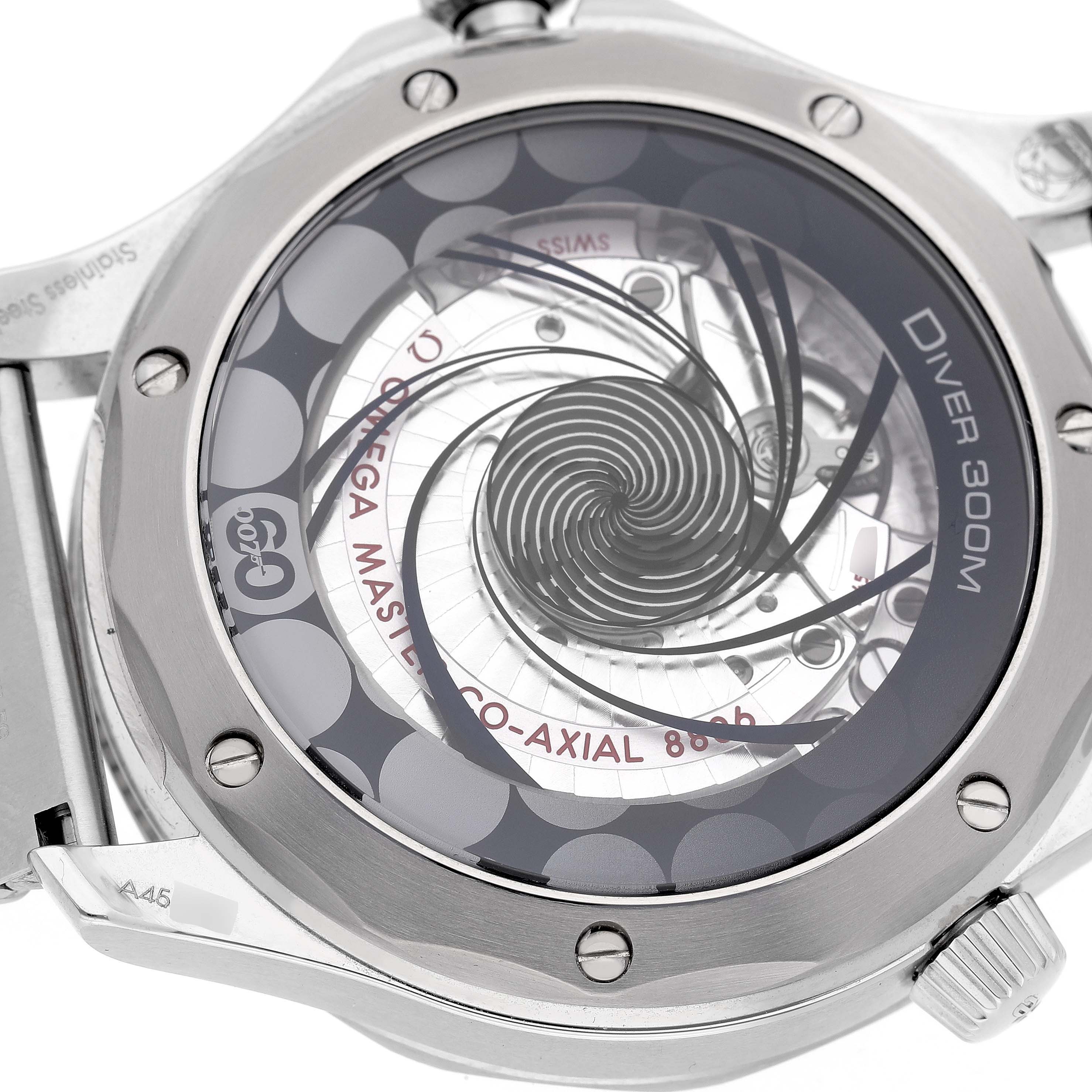 The image shows the Omega Seamaster 210.30.42.20.03.002 Men's Stainless Steel Blue Dial's intricate case back with visible internal mechanics and decorative design elements.